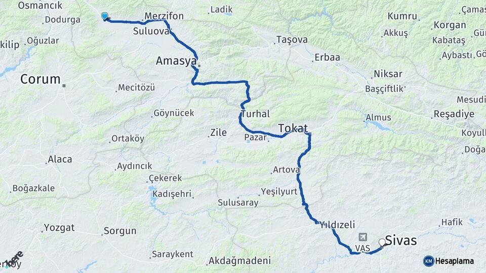 Amasya Gümüşhacıköy Sivas Arası Kaç Km - Yol Haritası