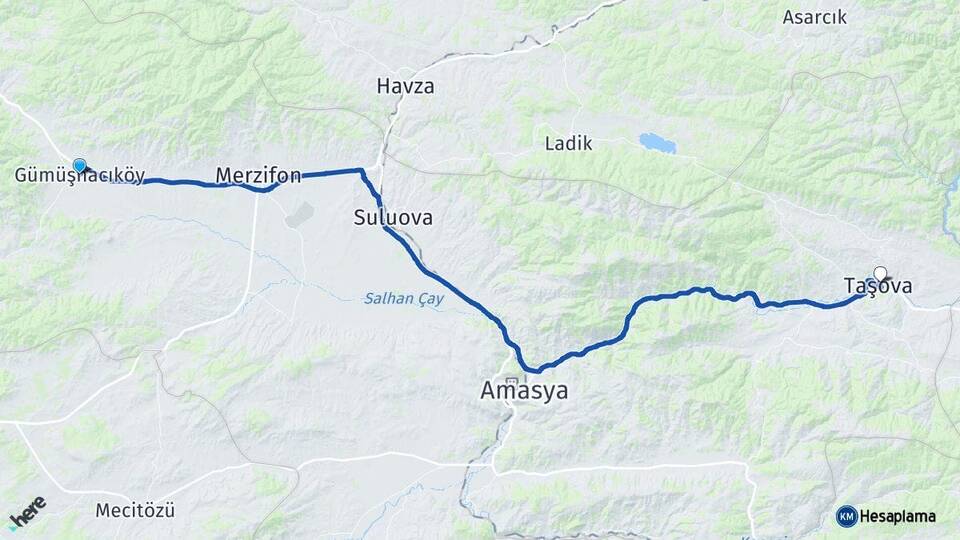 Amasya Gümüşhacıköy Taşova Arası Kaç Km - Yol Haritası