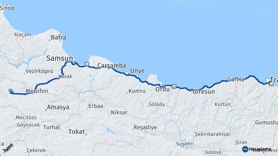 Amasya Gümüşhacıköy Trabzon Arası Kaç Km - Yol Haritası
