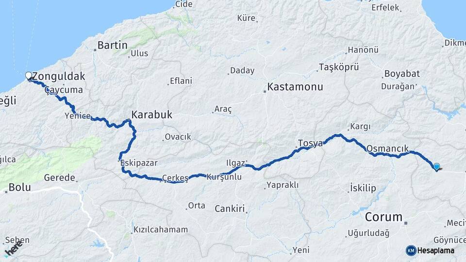 Amasya Gümüşhacıköy Zonguldak Arası Kaç Km - Yol Haritası