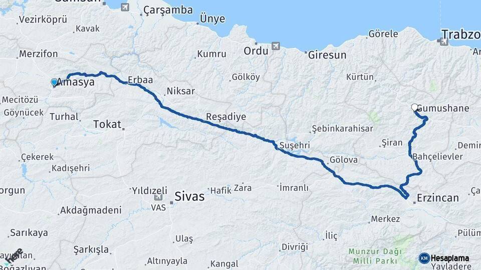 Amasya Gümüşhane Arası Kaç Km - Yol Haritası