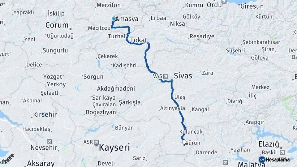 Amasya Gürün Sivas Arası Kaç Km - Yol Haritası