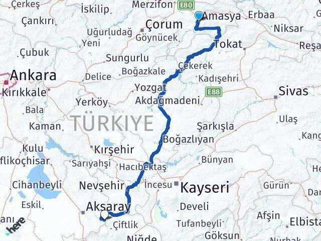 Amasya Güzelyurt Aksaray Arası Kaç Km - Yol Haritası