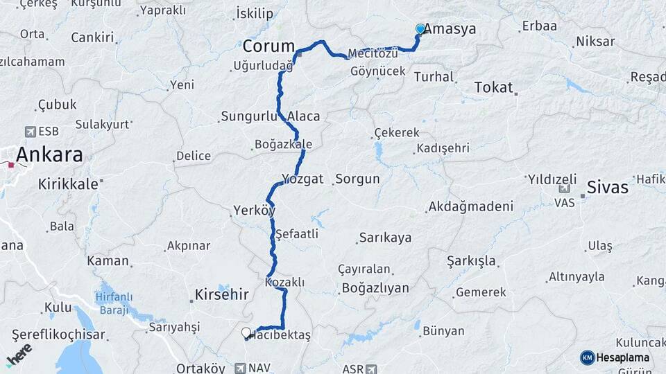 Amasya Hacıbektaş Nevşehir Arası Kaç Km - Yol Haritası