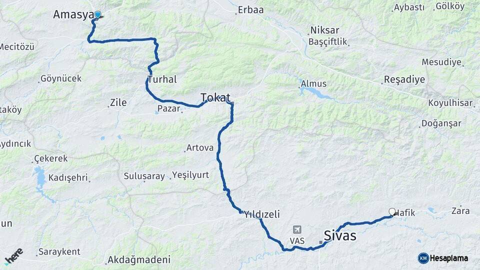 Amasya Hafik Sivas Arası Kaç Km - Yol Haritası
