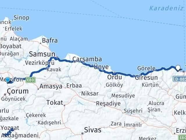 Amasya Hamamözü Akçaabat Trabzon Arası Kaç Km - Yol Haritası