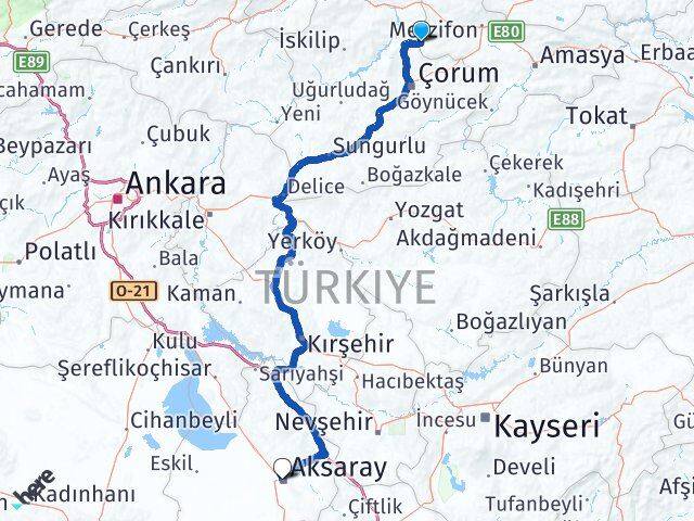 Amasya Hamamözü Aksaray Arası Kaç Km - Yol Haritası