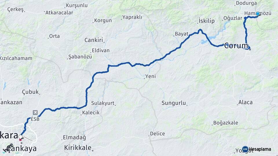 Amasya Hamamözü Ankara Arası Kaç Km - Yol Haritası