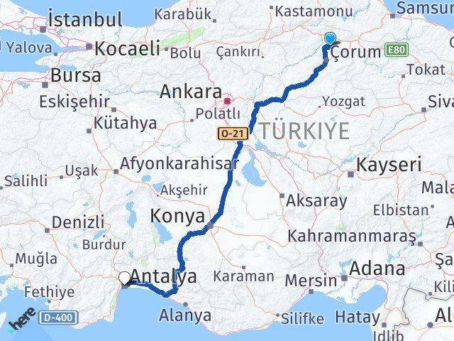 Amasya Hamamözü Antalya Arası Kaç Km - Yol Haritası