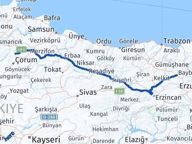 Amasya Hamamözü Bayburt Arası Kaç Km - Yol Haritası