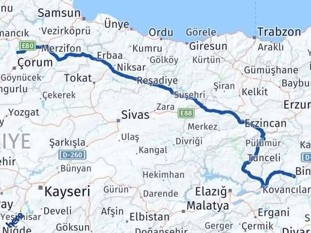 Amasya Hamamözü Bingöl Arası Kaç Km - Yol Haritası