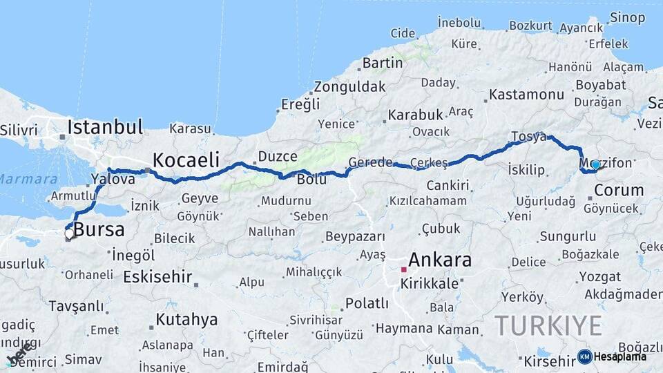 Amasya Hamamözü Bursa Arası Kaç Km - Yol Haritası