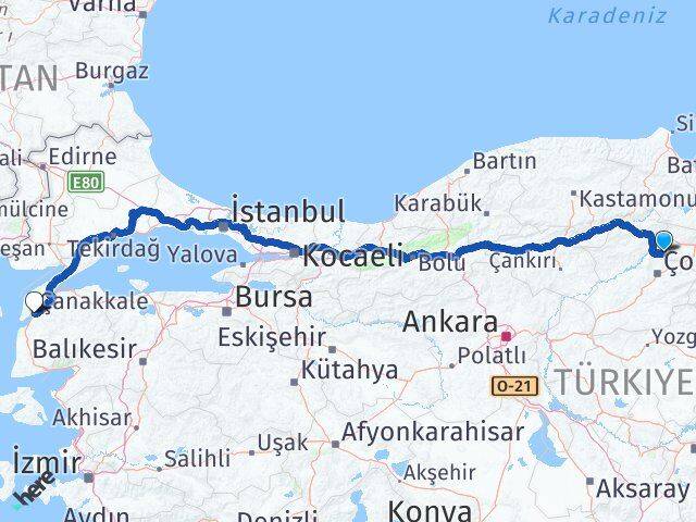 Amasya Hamamözü Çanakkale Arası Kaç Km - Yol Haritası