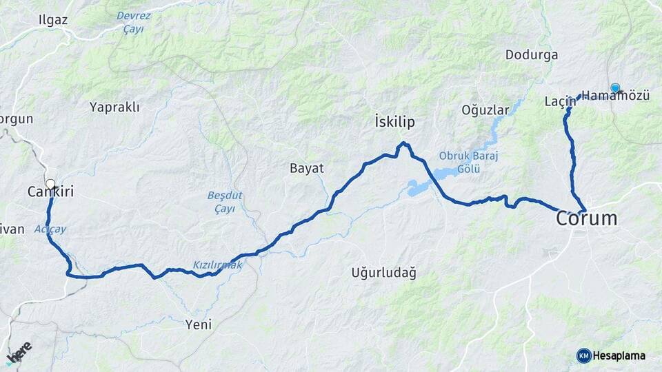 Amasya Hamamözü Çankırı Arası Kaç Km - Yol Haritası
