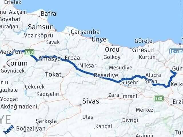 Amasya Hamamözü Gümüşhane Arası Kaç Km - Yol Haritası