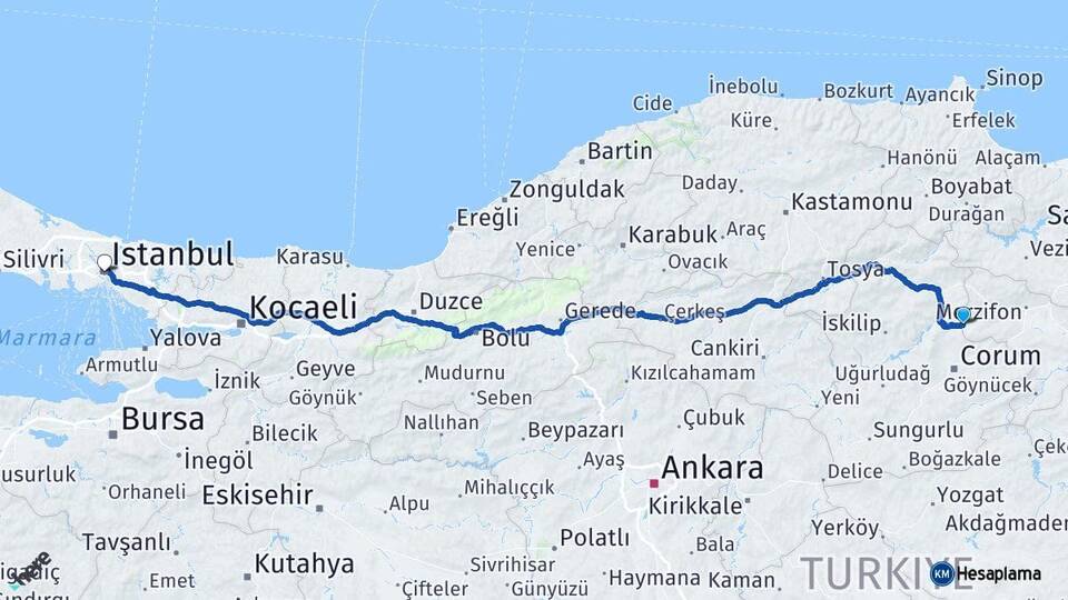 Amasya Hamamözü İstanbul Arası Kaç Km - Yol Haritası