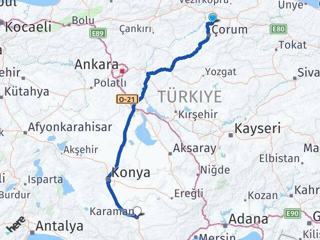 Amasya Hamamözü Karaman Arası Kaç Km - Yol Haritası