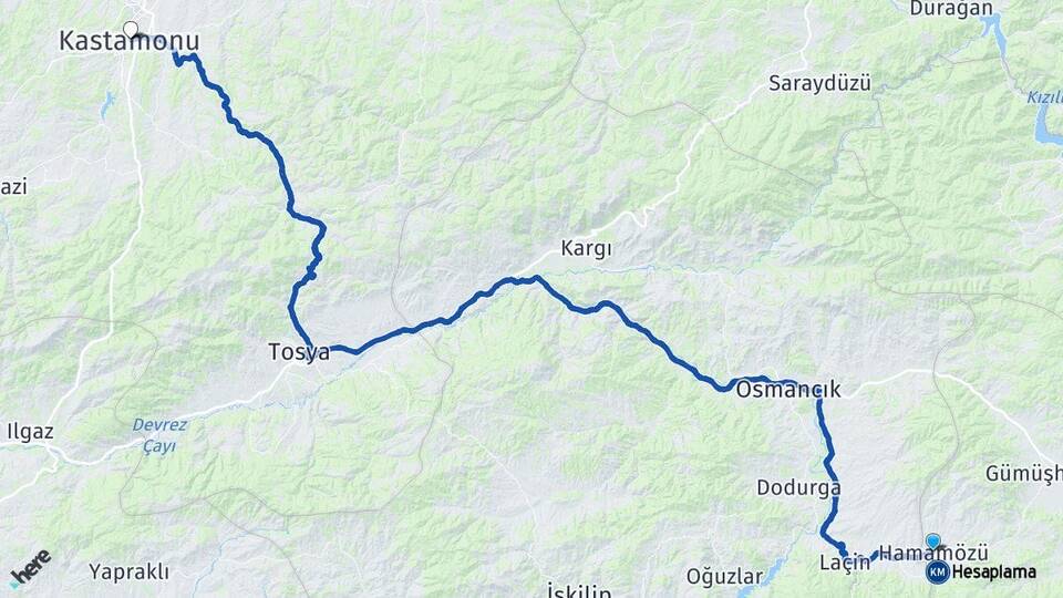 Amasya Hamamözü Kastamonu Arası Kaç Km - Yol Haritası