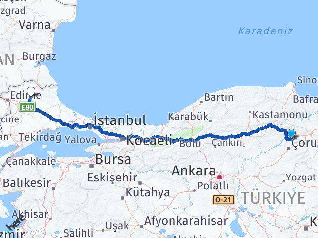 Amasya Hamamözü Kırklareli Arası Kaç Km - Yol Haritası