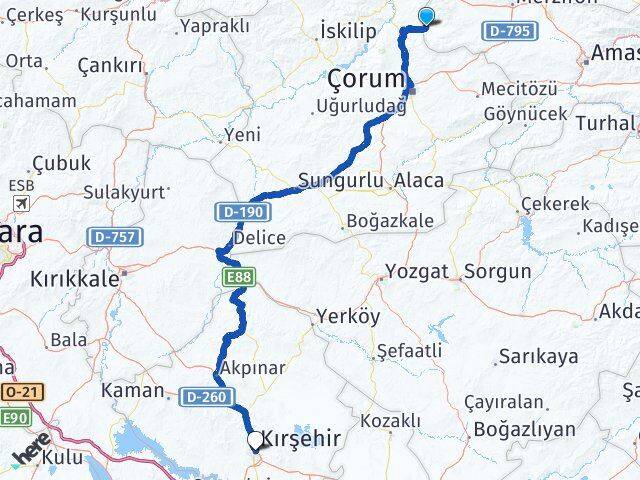 Amasya Hamamözü Kırşehir Arası Kaç Km - Yol Haritası