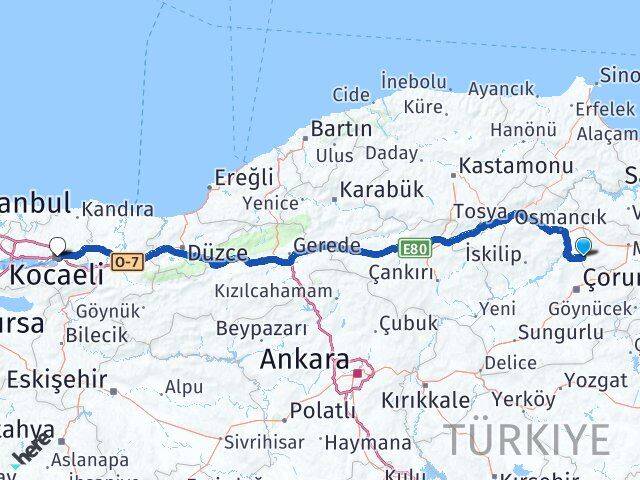 Amasya Hamamözü Kocaeli Arası Kaç Km - Yol Haritası