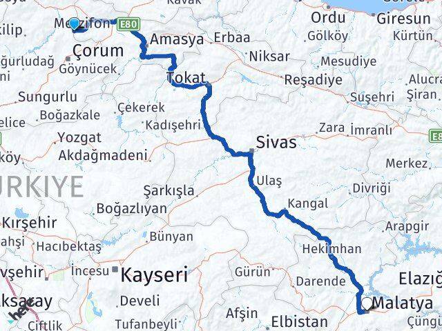 Amasya Hamamözü Malatya Arası Kaç Km - Yol Haritası