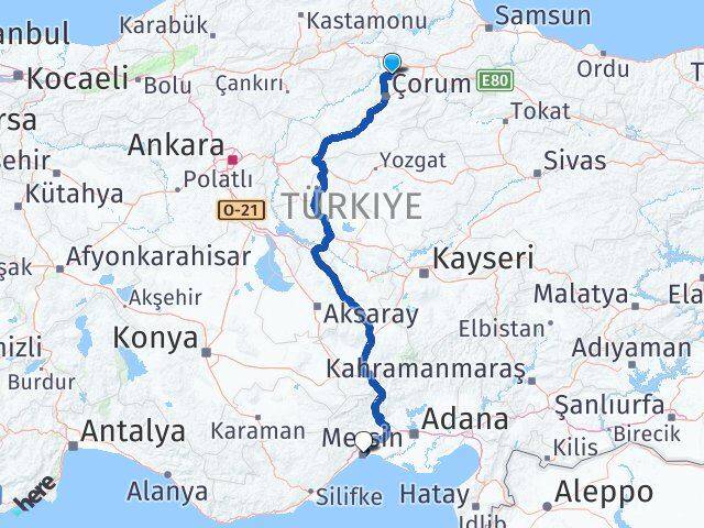 Amasya Hamamözü Mersin Arası Kaç Km - Yol Haritası