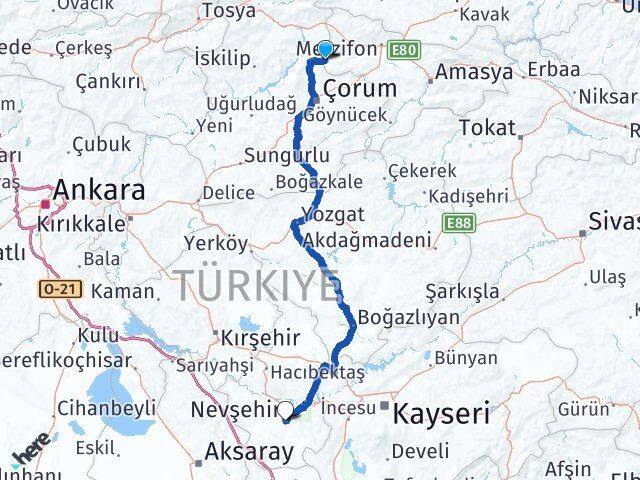 Amasya Hamamözü Nevşehir Arası Kaç Km - Yol Haritası