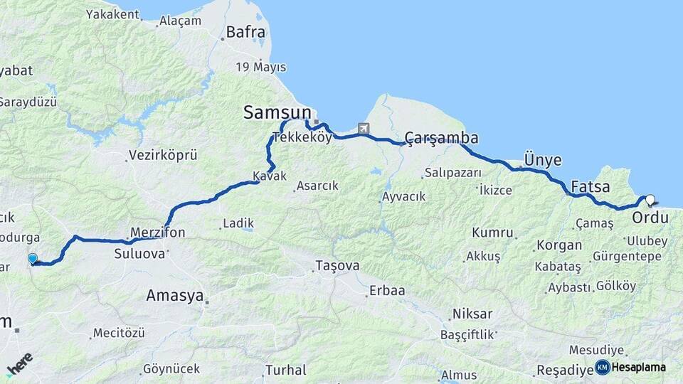 Amasya Hamamözü Ordu Arası Kaç Km - Yol Haritası