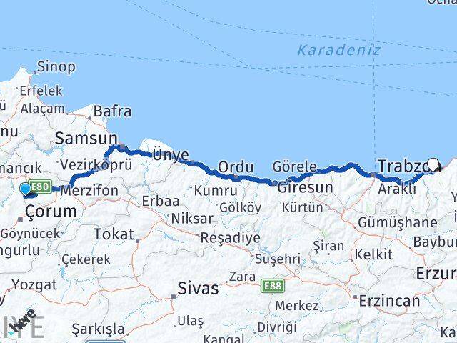 Amasya Hamamözü Rize Arası Kaç Km - Yol Haritası