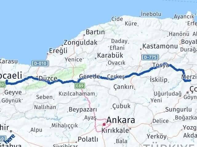 Amasya Hamamözü Sakarya Arası Kaç Km - Yol Haritası