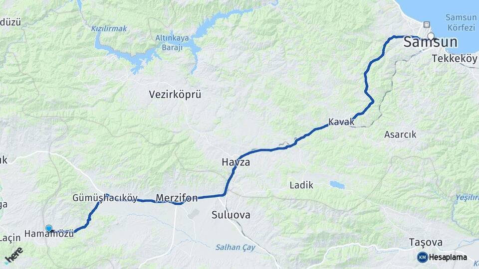 Amasya Hamamözü Samsun Arası Kaç Km - Yol Haritası