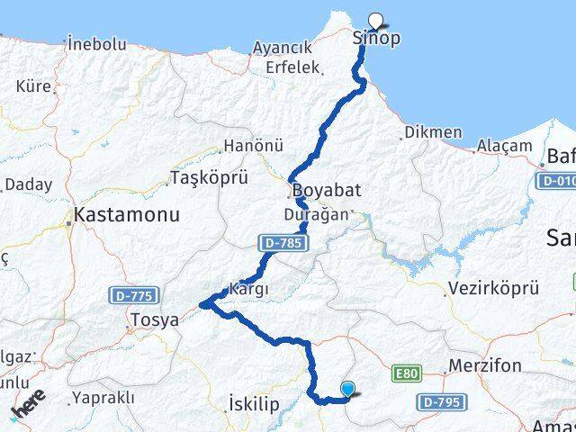 Amasya Hamamözü Sinop Arası Kaç Km - Yol Haritası