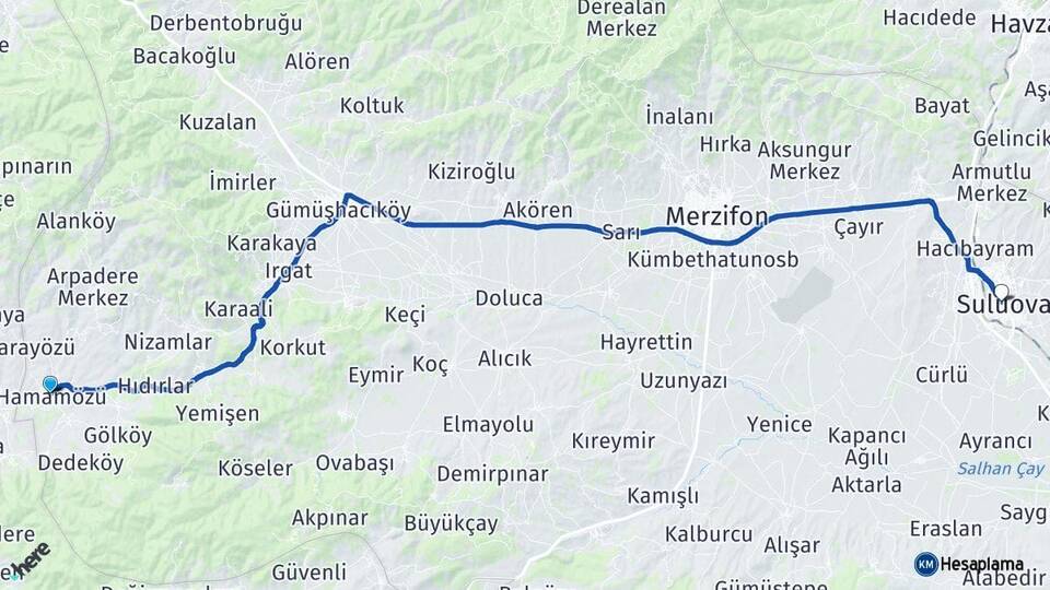 Amasya Hamamözü Suluova Arası Kaç Km - Yol Haritası