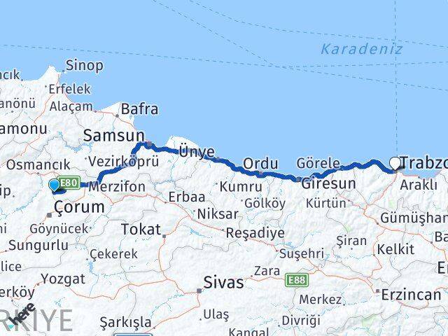 Amasya Hamamözü Trabzon Arası Kaç Km - Yol Haritası