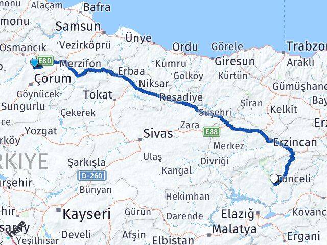 Amasya Hamamözü Tunceli Arası Kaç Km - Yol Haritası