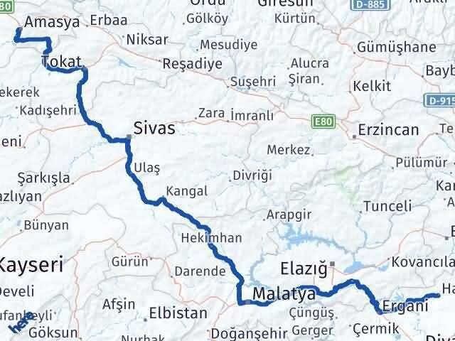 Amasya Hani Diyarbakır Arası Kaç Km - Yol Haritası