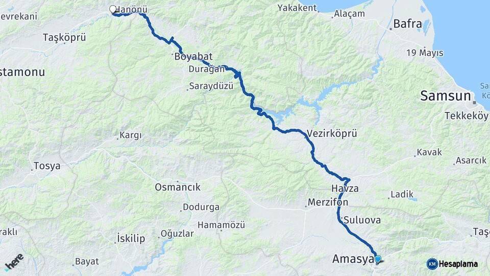 Amasya Hanönü Kastamonu Arası Kaç Km - Yol Haritası