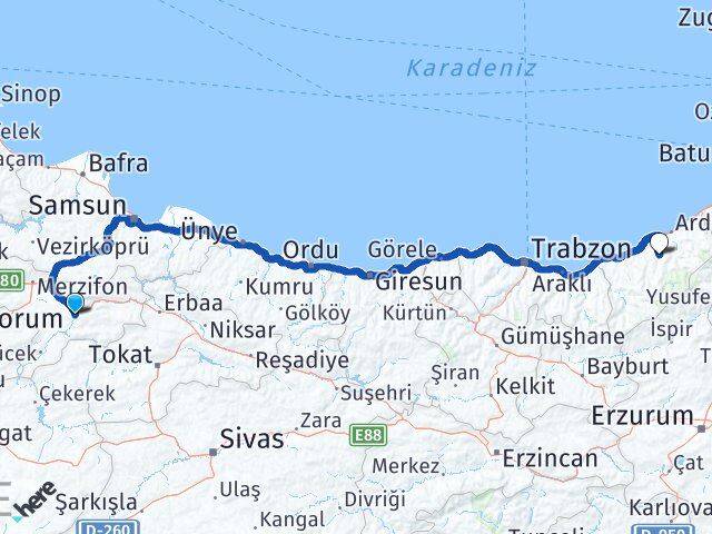 Amasya Hemşin Rize Arası Kaç Km - Yol Haritası