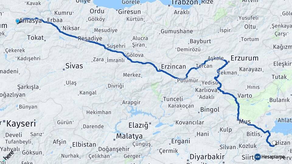 Amasya Hizan Bitlis Arası Kaç Km - Yol Haritası