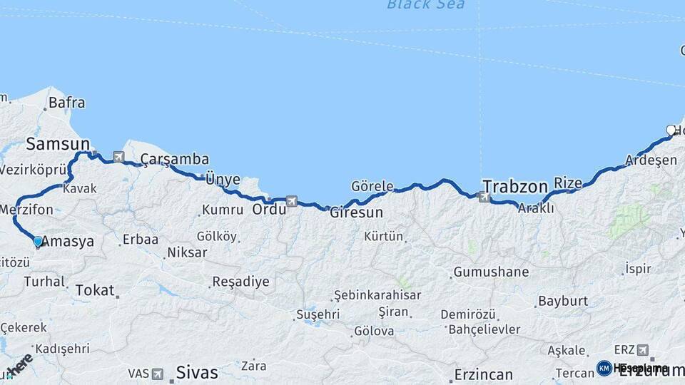 Amasya Hopa Artvin Arası Kaç Km - Yol Haritası