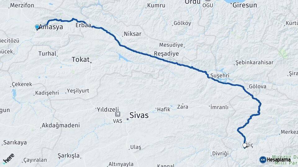 Amasya İliç Erzincan Arası Kaç Km - Yol Haritası