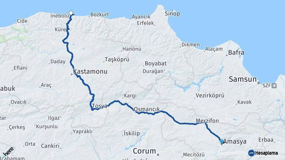 Amasya İnebolu Kastamonu Arası Kaç Km - Yol Haritası