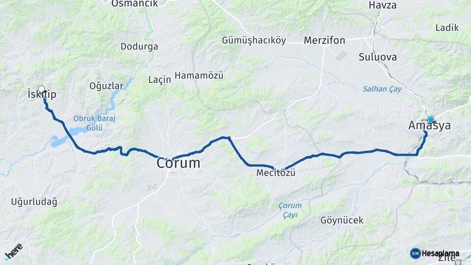 Amasya İskilip Çorum Arası Kaç Km - Yol Haritası