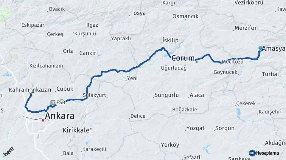 Amasya Kahramankazan Ankara Arası Kaç Km - Yol Haritası