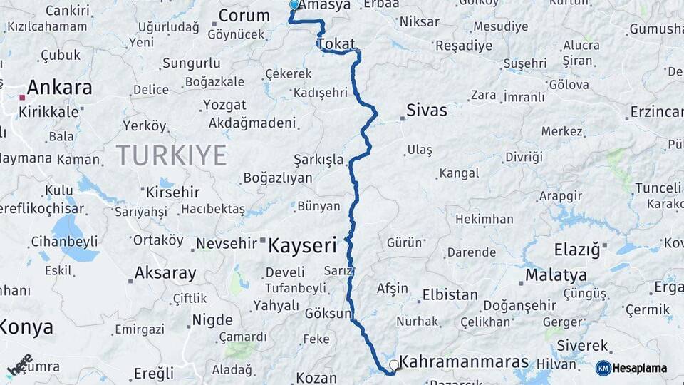 Amasya Kahramanmaraş Arası Kaç Km - Yol Haritası