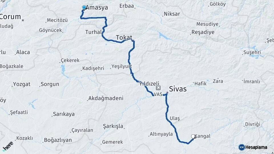 Amasya Kangal Sivas Arası Kaç Km - Yol Haritası