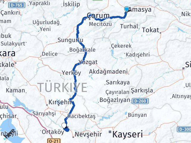 Amasya Kapadokya Havalimanı Arası Kaç Km - Yol Haritası