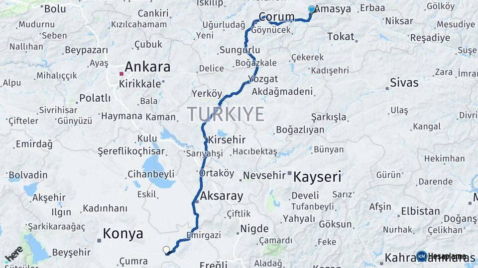 Amasya Karapınar Konya Arası Kaç Km - Yol Haritası