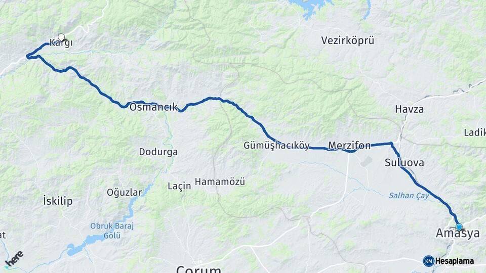 Amasya Kargı Çorum Arası Kaç Km - Yol Haritası